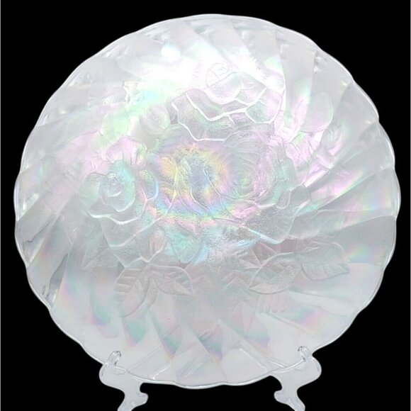 Iridescent Clear Carnival Glass Rose Round Swirl Scalloped Rainbow Platter - Picture 2 of 7